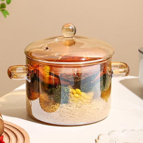 Glass Simmer Pot with Cover Cookware for Stovetop 50 FL OZ Saucepan with Double handle for Stovetop Safe for Pasta Noodle Soup Milk Baby Food （Amber）