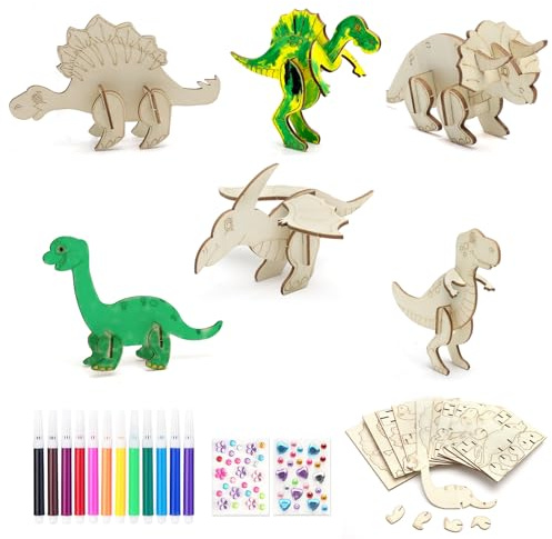 VOSSOT Dino Bastelset Holz Puzzle Kinder 12 Dinosaurier Figuren mit 12 Farben Stifte & 2 Sticker DIY Set Kreatives Bastelspielzeug für Kindergeburtstag 4 5 6 Jahre Jungen Mädchen