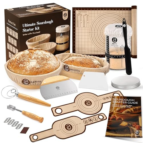 Sourdough Starter Kit with 10 Round & 11 Oval Banneton Proofing Basket and 34oz Starter Jar - Beginner-Friendly Sourdough Bread Baking Supplies and Baking Gifts for Women, Men, and Bread Bakers