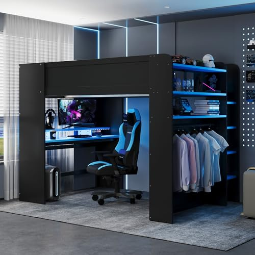 VilroCaz Modern Full Size Gaming Loft Bed with Height-Adjustable Desk and Wardrobe, Wood Loft Bed Frame with Light Strip and Multi-Storage Shelves, Maximize Space Saving (Blue-s)