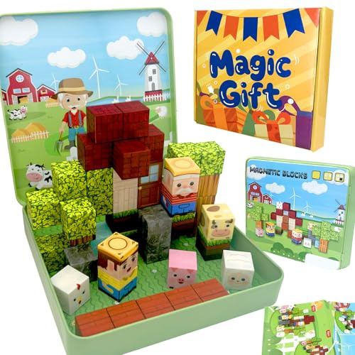 Bonifunt Magnetische Bausteine, 49 Stück Bauernhof Magnetbausteine, Magnetische Bauwelt, Bauernhof Magnetwürfel, Konstruktions Spielzeug