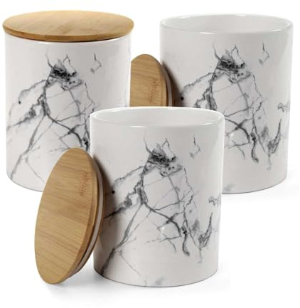Set 3 Barattoli di Ceramica - Tappo in Legno, Ermetico, Rilievo, Decorati, Bianco, Nero, Marmo, Minimalista, Cucina, Contenitori Spezie, Sale, Zucchero, Caffè (Effetto Marmo, 13 x 13 x 17 cm)