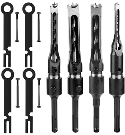 Ruaizel 4Pcs Square Hole Drill Bit Sets, Woodworking Square Mortising Chisel Set, Wood Mortising Countersink Bit for Drill Press & Mortising Machines
