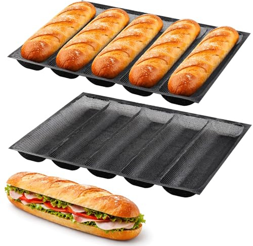 LYCN Juego de 2 bandejas para hornear baguette de silicona, 33,5 x 45 cm, molde para baguettes y panecillos de perro caliente, rejilla perforada para pan crujiente, sin BPA y antiadherente, color