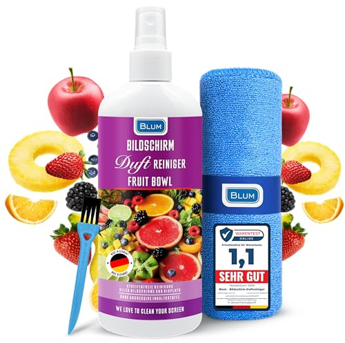 Blum nettoyant AU Parfum pour ecran Fruit Bowl 100 ML + Chiffon Microfibre 30 x 30 cm – Screen Cleaner – Nettoyage et Nettoyeur TV, Television, Smartphone, Telephone, PC, Laptop, Tablet