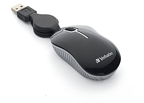 Verbatim Wired Optical Computer Mini USB-A Mouse - Plug & Play Corded Small Travel Mouse with Retractable Cable – Black 98113