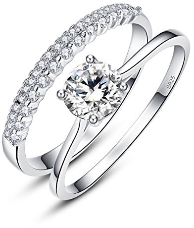 Bonlavie 0.9ct 925 Solid Sterling Silver White Cubic Zirconia Ring Set for Bride Wedding Band Engagement size R-T 1/2