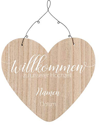 Herz & Heim® Schild in Herzform - Willkommen zu unserer Hochzeit - mit Aufdruck der Namen der Liebenden