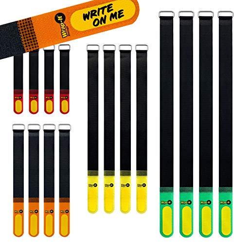 Wrap-It Storage Hook and Loop Cinch-Straps (Assorted 16 Pack) with Write on Label for Easy Cord Identification and Cable Management, Reusable Multi-Purpose Securing Cinch Straps