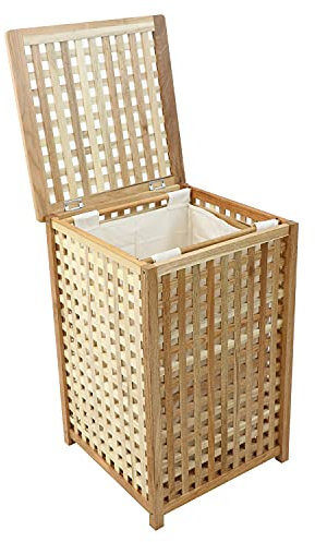 Woodside Large 80L Wooden Lattice Laundry Basket, Walnut Wood Storage Hamper Box, Internal Linen Sack, 46 x 46 x 68cm