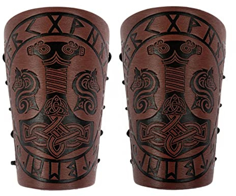 Viking hängslen, läder rustning manschetter Tors hammare präglade norska arm gauntlets medeltida gauntlet armband LARP bågskytte, Brun