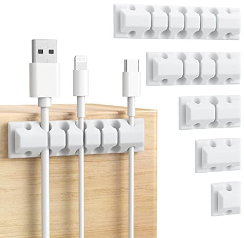 AGPTEK Kabelhalter, Kabelclips [5 Stück], Kabelmanagement, selbstklebend Kabelclips, Vielzwecke Kabelführung Kabel Organizer Set für Schreibtisch, Netzkabel, USB Ladekabel, Audiokabel, Weiß