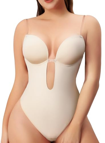 Slimers Women Shapewear Backless Body Bra Shaper Womens Plus Size Plunge Invishaper Low Back Thong Bodysuits Open Crotch Daily Use((Beige L)