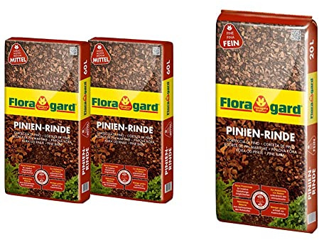 Floragard Mulch Pinienrinde 15-25 mm 2x60 L • mittel • dekorativer Bodenbelag • unterdrückt Unkrautwuchs • naturbelassen • für mediterranes Flair • 120 L & Pinienrinde 2-8 mm 20 Liter Mulch, Erdfarben