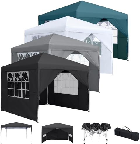 LZQ Vattentät hopfällbar paviljong popup-trädgårdspaviljong med 4 sidodelar, solskydd UV-skydd, 3 x 3 m för trädgård, fest, bröllop, festival och camping, mörkgrön