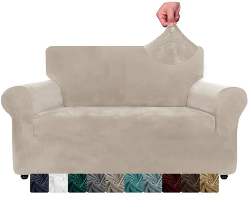 XINEAGE Samt Sofaüberzug 2 Sitzer, Stretch Sofa überzug für Wohnzimmer, Dicke Weiche Sofaüberwurf, Rutschfester Sofa Cover für Hunde, Haustiere (2 Sitzer, Khaki)