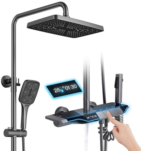 Duschsystem mit Thermostat Duscharmatur Komplettset mit Regendusche 30x20CM, Handbrause 3 Strahlarten und Unterer Auslauf, Duschset Regendusche mit Armatur, Pistolengrau