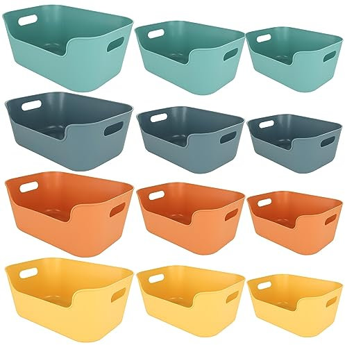 ZOFUN 12 Pcs Cupboard Storage Boxes, Large/Middle/Small Pantry Kitchen Storage Baskets, Green/Blue/Orange/Yellow Plastic Storage Baskets, Small Plastic Storage Boxes for Home Office Storage