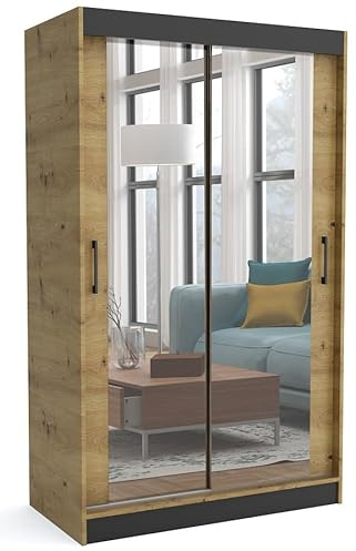 Brent - Kleiderschrank mit Schiebetüren Windsor David I 100x200x60 cm I mit Spiegel, Stangen und Einlegeböden für Kleidung I Laminierte Spanplatte I Aluminiumschienen I Artisan