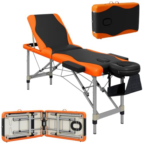 HOMCOM Foldable Massage Bed Portable Table 3-Section Black and Orange | Aluminium Foldable Beauty Couch, Professional Salon Spa Table, Headrest Support, 60 cm Width