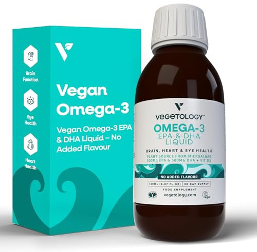 Vegetology Vegan Omega 3 Liquid, from Microalgae, 800mg of EPA DHA, with Vitamin D3, Supports Heart, Brain and Eye Health, Natural Fish Oil Alternative, UK Made, Unflavoured