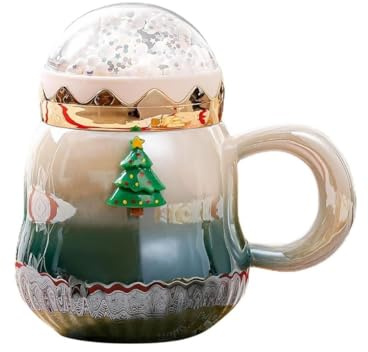 YDoLimmer Keramik Weihnachtstasse Perlenglanz Weihnachtsbecher Kaffeetasse mit Deckel für Heiß- & Kaltgetränke Kaffeebecher Porzellanbecher Neujahrsgeschenk (Grün)