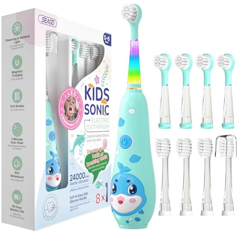 SEAGO Kids Electric Toothbrushes Rechargeable, Toddler Electric Toothbrush with Magnetic Charging, LED Observing Light, 8 Toothbrush Heads for Ages 2-4 -6 Boys Girls (Blue)