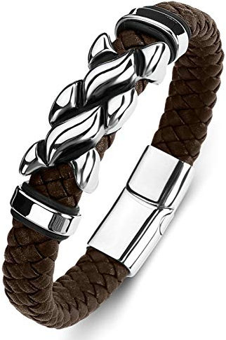 Bishilin Lederarmbänder Männer, Herren Armband Lederarmband Flamme mit Magnetverschluss Edelstahl Charm Armband Leder Braun 18.5CM