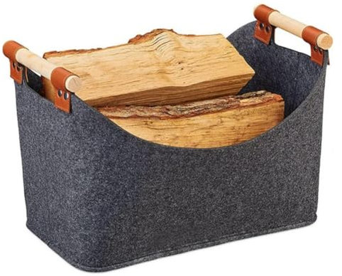 Kaminholzkorb Filz klein/groß (60l) | Brennholzkorb stabil, Feuerholzkorb in grau, XXL Filzkorb für Feuerholz, Holzkorb für Ofen