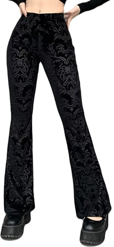 SEAUR Damen Gothic Hose Schwarz Vintage Blumen Samthose Spitze Punk Schlaghose Y2K Grunge Freizeithose Party Club Wear - S