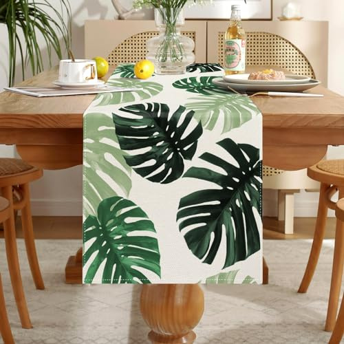 Grün Waschbare Tischläufer 40x140cm Monstera-Blätter Pflanzen Dekorativ Vintage für Esszimmer Küche