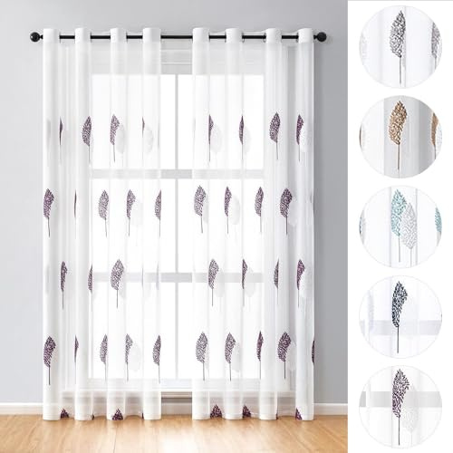 2er-Set Vorhang Blätter Stickerei mit Ösen, Voile, Blumen Gardinen,140x175cm,Lila