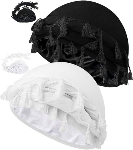 Ababalaya Verstellbarer, mit Satin gefütterter Halo-Turban für Herren und Damen, verdrehte Quaste, Kopfwickel, Schlafmütze, Turban, Durag, Schwarzweiß, Einheitsgröße