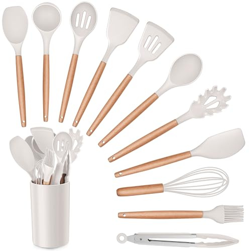 Herogo 12Pcs Silicone Kitchen Utensil Set with Holder, Wooden Handle, Khaki | Heat Resistant Cooking Utensil for Non Stick Cookware Pans, Include Spatula Turner Spoon Ladle Whisk Tong, Easy to Clean