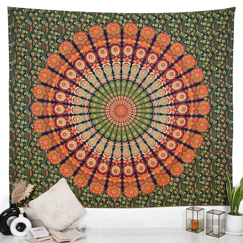 RAJRANG BRINGING RAJASTHAN TO YOU Pfauen-Mandala-Wandteppich, Wandbehang, 228,6 x 274,3 cm, goldgrün, für Schlafzimmer und Wohnzimmer, Baumwoll-Wandteppiche
