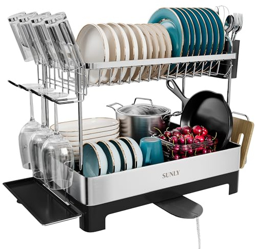 SUNLY 2 Tier Dish Drying Rack, Extra Large Dish Rack, Multifunctional Large Dish Drainers for Kitchen Counter, 304 Stainless Steel Kitchen Drying Rack, Bowl Drying Rack, Extendable Drain Spout, Black