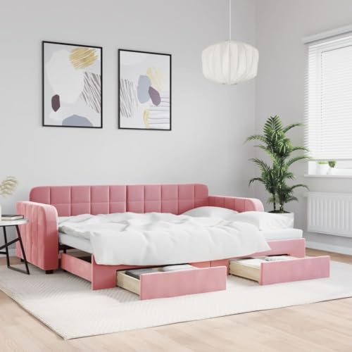 CKioict Palettenbett Modernes Bettgestell Jugendbett Tagesbett Ausziehbar mit Schubladen Rosa 80x200 cm SamtGeeignet für Gästezimmer, B&Bs, Schlafzimmer