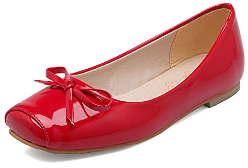 Gicoiz Women Square Toe Flats Comfy Ballerina Slippers Work Loafers Office Slip On Lovely Bowtie Dolly Shoes Dance Red Size 6-40