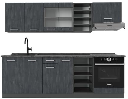 Vicco Küchenzeile R-Line, Küchenblock, Schwarz Beton/Anthrazit, 240 cm AP Anthrazit