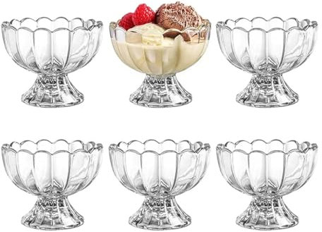 KYY'Z Set of 6 Glass Ice Cream Bowls Sundae Dessert Glasses Mini Glass Trifle Bowls Set of 6 Short Stemmed Ice Cream Serving Dishes Footed Fruit Salad Pudding Dessert Cups 120ml Capacity