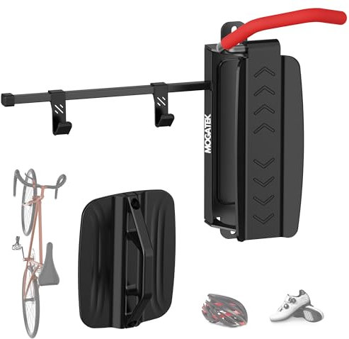 MOGATEK Soporte bicicletas pared- Soporte bicicleta pared giratorio con barra para accesorios- Colgar bicicletas pared con capacidad de 35 kilos - Compatible con todo tipo de bicis incluidas E-bike