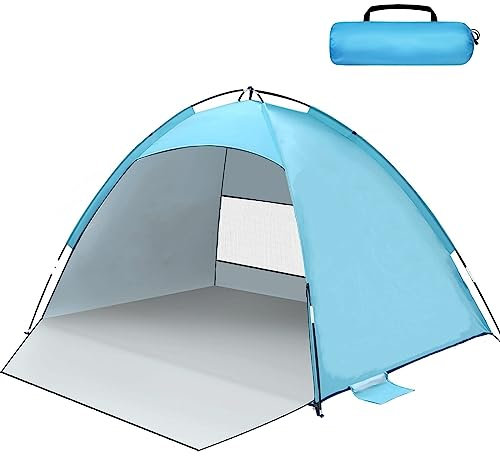 Strandmuschel UV Schutz, UPF 50+ Strandzelt XXL für 3-4 Personen, Tragbarer Strand Zelt, Windschutz Beach Tent Kleines Packmaß Leichte mit Tragetasche für Strand, Garten
