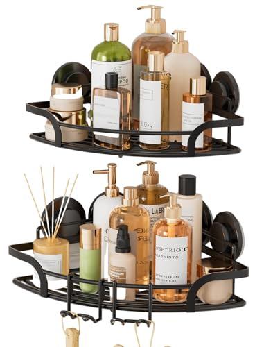 TAILI Duschablage Ohne Bohren,Einstellbar Ecke Dusche Caddy Saugnapf 2er Set Dusche Zubehör mit Haken Rostfrei Schwarz Duschregal Organisator für Küche Badezimmer, Schwarz