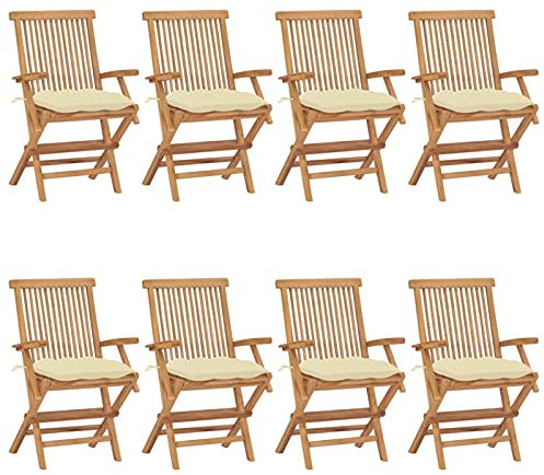 ShGaxin Gartenstühle mit Cremeweißen Kissen, Gartenmöbel, Balkonstühle, Hochlehner, Balkonmöbel, Bistrostuhl, Garten Stühle, Armlehnenstuhl, 8 STK. Massivholz Teak