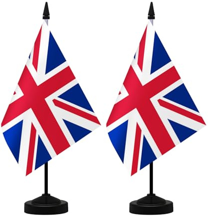 NQ UK Table Flag Set 21x14CM With Stand Base - British Union Jack for Office Home Conference Holiday Decorations (2 Pack)