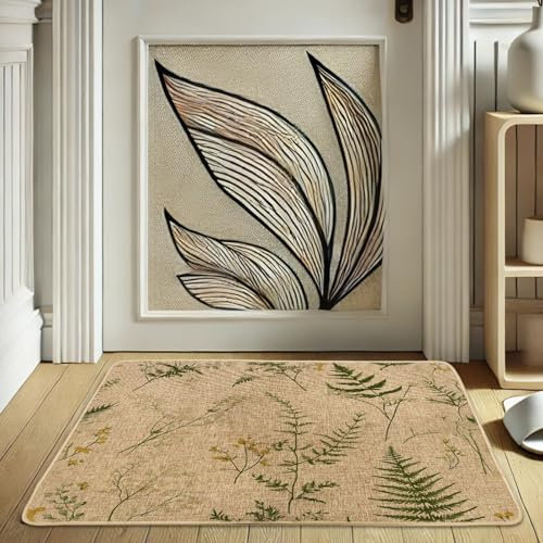 Fußmatte mit Frühlingsblumen, grüne Farne für drinnen und draußen, natürliche Jute, umweltfreundlich, rutschfest, staubabsorbierend, Eingangsteppich, leicht zu reinigen, 73,2 x 43,2 cm