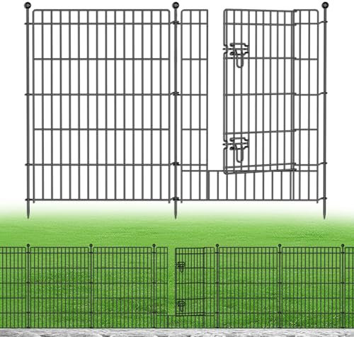 10 Panels No Dig Garden Fence with Gate, 34in(H) × 22.5ft(L) Decorative Metal Outdoor Dog Fence, Rustproof Pet Fencing for Yard, Patio, Flower Bed -Temporary Fencing| Easy to Install