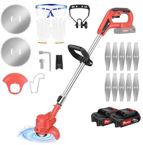 Garden Cordless Strimmer, Metal Blade Strimmer Electric Grass Trimmer, Height Adjustable Grass Trimmer, Lightweight Lawn Mower, Brush Cutter with 2x1.5Ah Battery & 12 Blades, for Garden Clearing Weeds