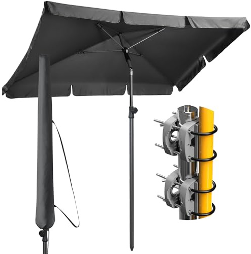 Menz Sonnenschirm Balkon - 4-IN-1 Sonnenschutz Balkon in Anthrazit, UPF 50+ Sonnenschirm rechteckig 200 x 125cm + 2er Sonnenschirmhalter Balkongeländer + Schirmhülle für Balkon, Garten & Terrasse