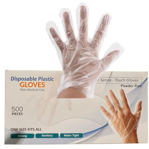 500 x Disposable Polythene, PE, Plastic Gloves for Food handling, Cleaning, Cooking, Food Counters, Crafting, Hair Dye, Sanitary, Multipurpose, Powder Free One Size Fits Most Box of (Gloves, 500)